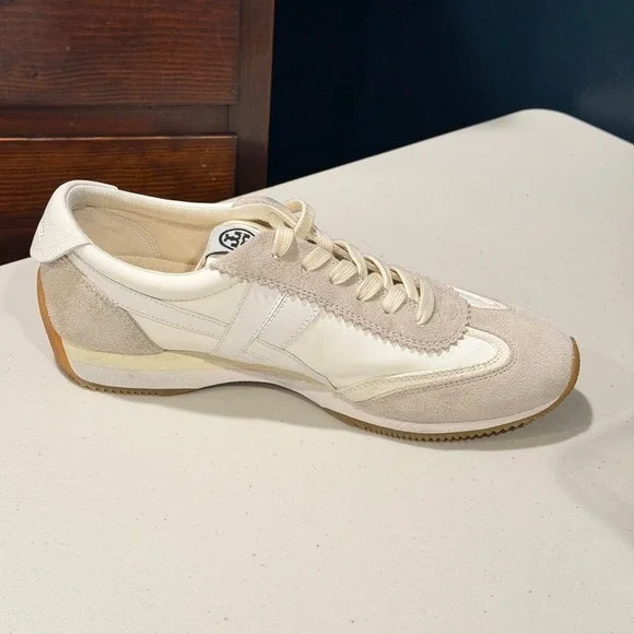 Tory Burch Hank Sneaker Snow White Beige Suede Leather Lace Up Women 9.5 - Picture 7 of 12